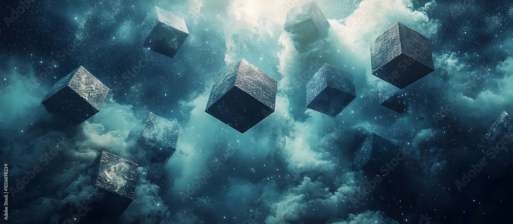 Poster a mesmerizing scene of floating metallic cubes in a celestial setting, surrounded by ethereal clouds