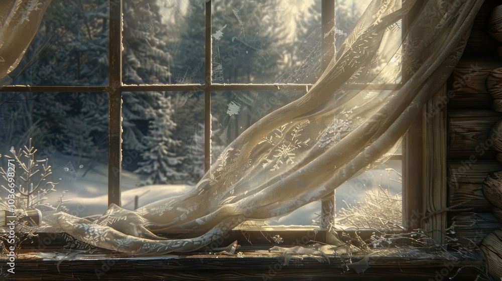 Poster sunlight streams through a window with sheer curtains, illuminating a snowy forest scene.