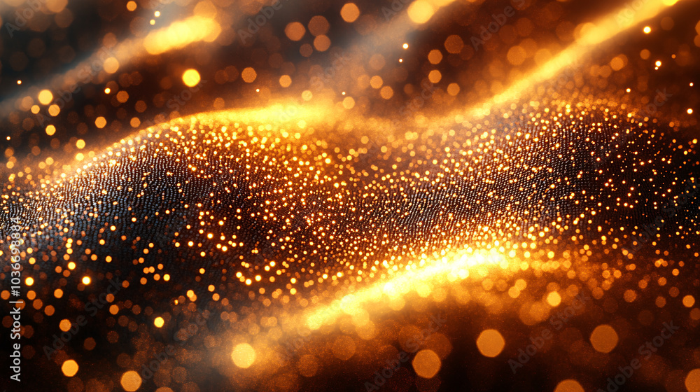 Poster a flowing abstract scene of glowing golden particles, suspended in air, forming an ethereal wave of 