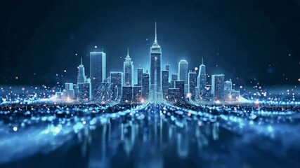 city skyline at night, Abstract glowing particles forming cityscape shapes on a dark blue background, showcasing a futuristic urban concept - Powered by Adobe