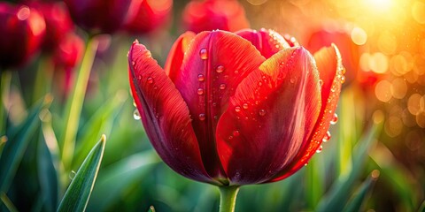 Fototapeta premium Captivating Red Tulip Flower with Morning Dew Drops in Soft Low Light, Beautiful Nature Photography, Floral Close-Up, Freshness, Spring Bloom, Botanical Art, Serenity