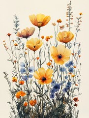 Vibrant Wildflower Botanical Illustration in Soft Colors