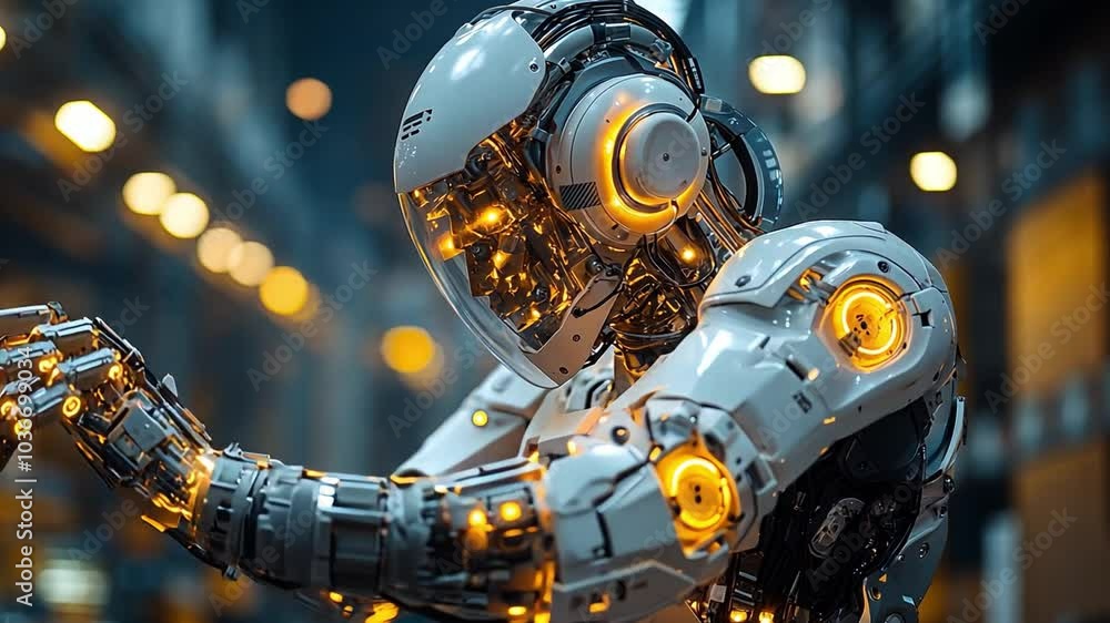 Poster This robot extends its arm, displaying intricate gears and glowing elements in an industrial setting. Exoskeleton
