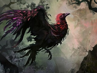 Fototapeta premium Dark Raven in a Mystical Forest: A Digital Painting