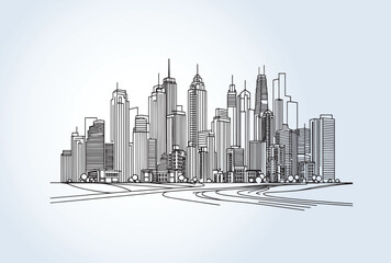 line drawing of Modern cityscape. buildings isolated minimalistic illustration.