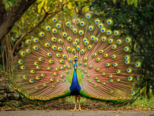 Obraz premium Peacock Displaying Its Iridescent Feathers in a Full Fan