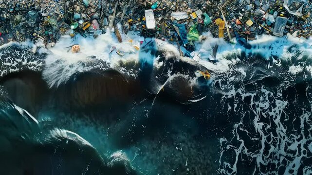 aerial shot of a garbage dump on the ocean. Trash floating on the sea. Large concentration of plastic, light metal, and organic material is known as Great Pacific Garbage Patch, Pacific Trash Vortex.