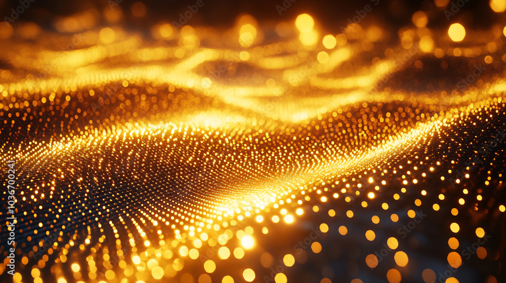 Poster golden dots spread across a dark surface, forming a shimmering wave-like texture, creating a dazzlin