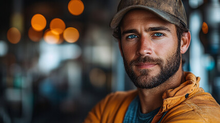 Obraz premium Rugged man in a cap and jacket, intense blue eyes and confident posture. Warm, glowing bokeh lights in the background create a cozy, casual atmosphere