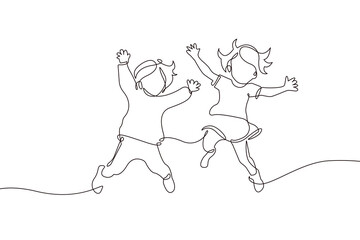 Happy Children Jumping Silhouette Continuous One Line Drawing. Kids Players Abstract Minimal Line Art Drawing. Vector Linear Illustration. Modern Trendy Contour Drawing