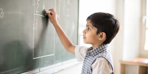 intelligent indian elementary school kid solving maths problem on chalkboard at classroom -concept of talented, brilliant student and education.