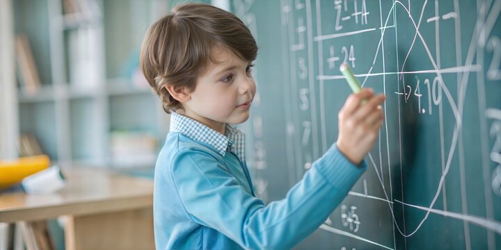 intelligent indian elementary school kid solving maths problem on chalkboard at classroom -concept of talented, brilliant student and education.