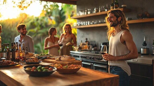 This group of friends shares laughter and good food as the sun sets outside.