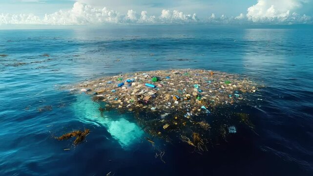 Aerial view of Plastic Island, part of the Great Pacific Garbage Patch or Pacific Trash Vortex, showing plastic, light metal, and organic garbage floating in the ocean. Environmental disaster concept