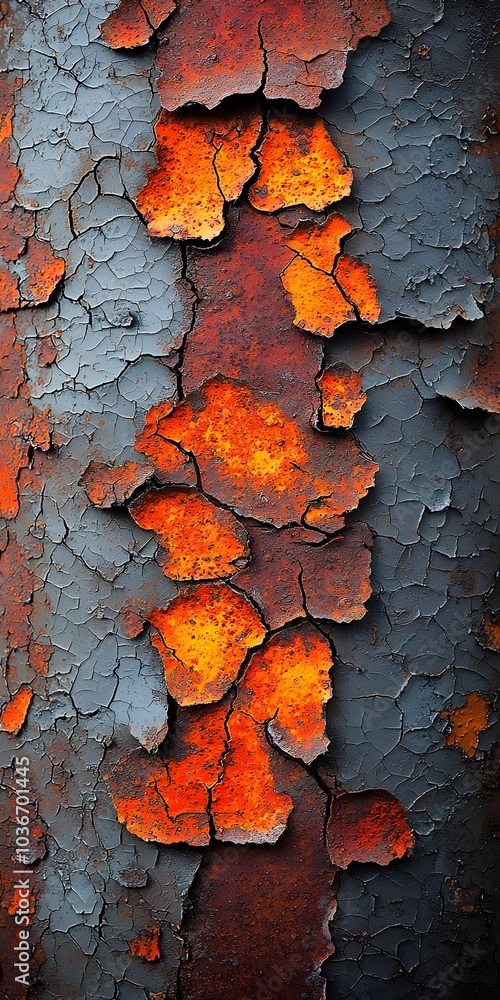 Poster close-up of weathered metal surface showing intricate patterns of peeling paint and rust in shades o