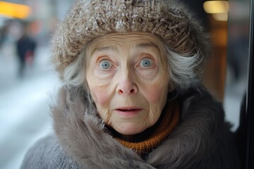 Woman with a fur hat and a scarf on her face. She has a surprised look on her face
