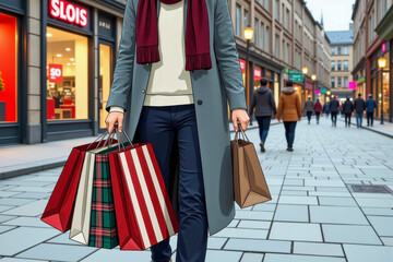 A woman is joyfully shopping for Christmas and New Year gifts, embracing the festive spirit in a bustling city. 