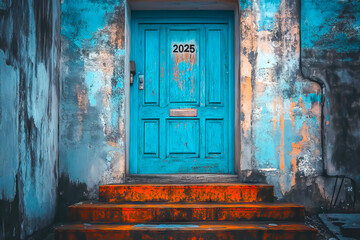 A blue door with the number 25 on it. The door is old and has a rustic look. The door is located in front of a building with a blue wall