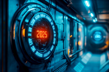 A futuristic looking clock with the number 2025 on it. The clock is surrounded by wires and is glowing red