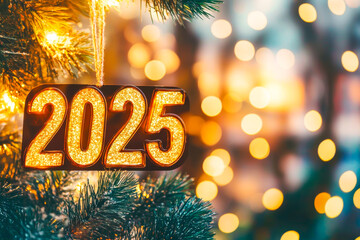 A Christmas tree ornament with the number 2025 on it. The ornament is hanging from a tree and is surrounded by lights