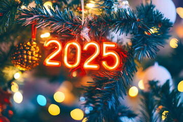 A Christmas tree with a red and gold ornament and a neon sign that says "2025" on it