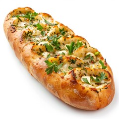 Turkish pide bread with cheese and herbs isolated on white background