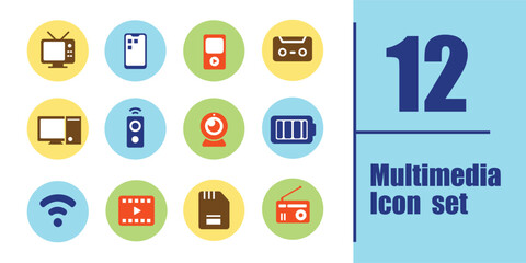 Multimedia Icon Set template with a flat simple style and a colorful style.