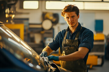 A man is standing in front of a car, cleaning the windshield. He is wearing a blue shirt and a black apron