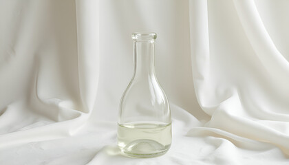Clear glass bottle filled with liquid on soft white fabric, minimalistic and elegant display