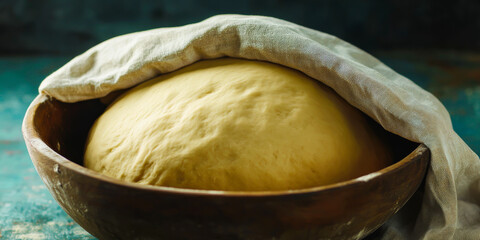 Fototapeta premium A bowl filled with dough is covered with a cloth