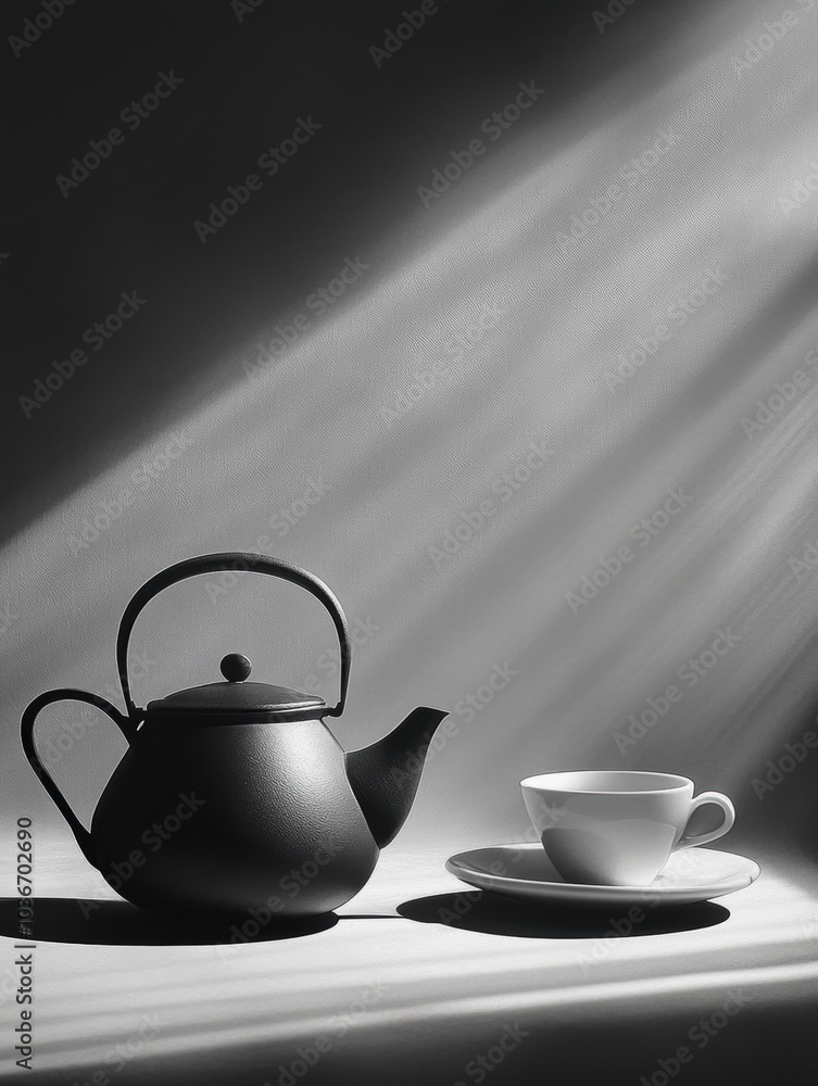 Aufkleber a simple yet elegant arrangement showcases a black tea kettle next to a white cup, illuminated by ge