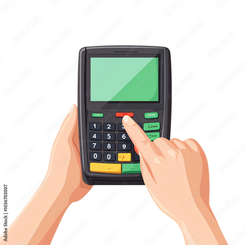 Poster hands using payment terminal, isolated on white background. transparent background