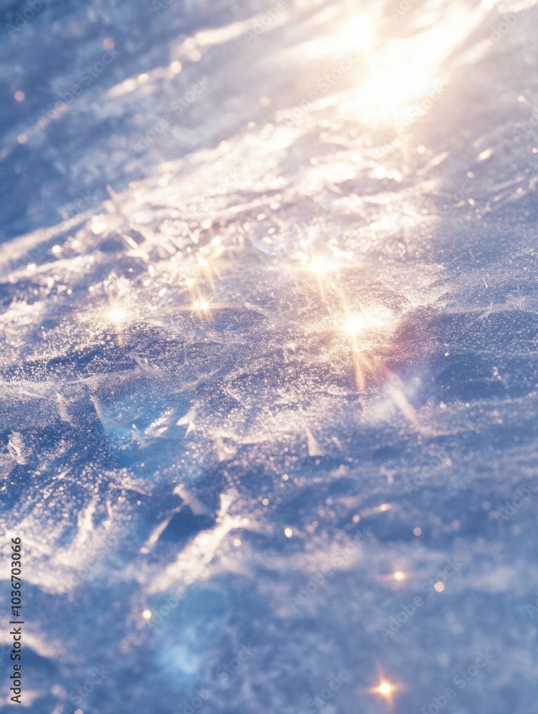 Poster glistening snow textures reflect sunlight, creating a sparkling effect in a tranquil winter setting,