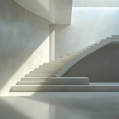 Naklejka premium A serene minimalist interior featuring elegant white stairs and soft shadows, creating a tranquil atmosphere, perfect for modern architectural aesthetics.