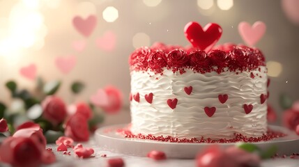Naklejka premium Valentine's-themed cake with heart-shaped decorations: 3D-rendered elegant cake topped with heart-shaped icing and surrounded by red roses