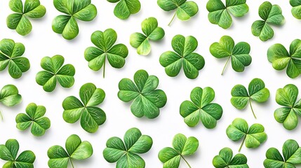 Seamless pattern featuring vibrant green clover leaves artfully arranged on a crisp white background celebrating the spirit of Saint Patrick's Day with a fresh and lively design