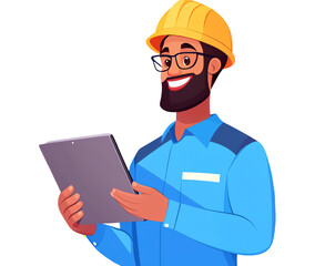 Happy worker in a hardhat holding a tablet, white isolate background. transparent background