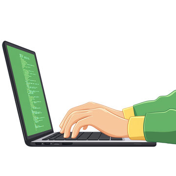 Hands typing on a laptop with programming code displayed on the screen. transparent background