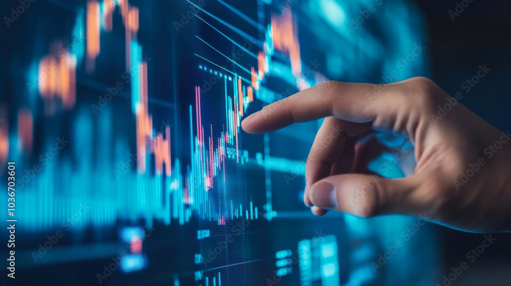 Poster a person interacts with a digital stock market display showing fluctuating graphs in a modern financ
