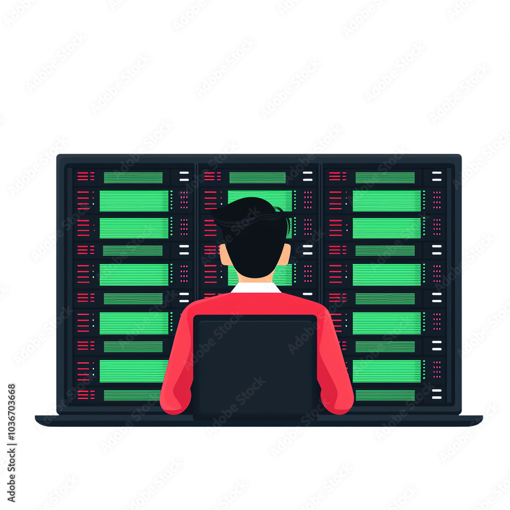Poster man using laptop to monitor servers in data center, digital art concept. transparent background