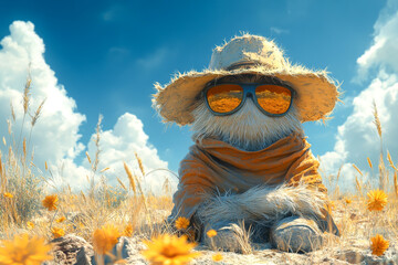 A cartoon character with sunglasses and a straw hat is sitting in a field of yellow flowers. The scene is bright and cheerful, with the sun shining down on the character and the flowers