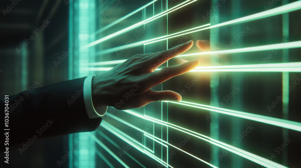 Poster a person interacts with a glowing digital interface in a futuristic environment showcasing advanced 