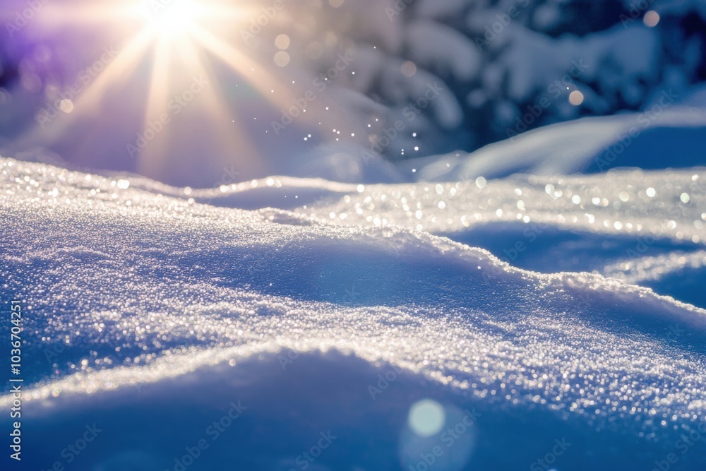 Poster Glistening snow blankets the ground, capturing sunlight and creating a sparkling effect in a tranquil winter setting. Generative AI