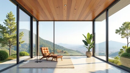 Fototapeta premium A large room with a view of mountains and a potted plant