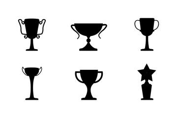 Cup icons. Trophy signs. Black winner award flat vector illustration set isolated on transparent background. Champion prize of win in sport game or tournament, achievements, competitions.