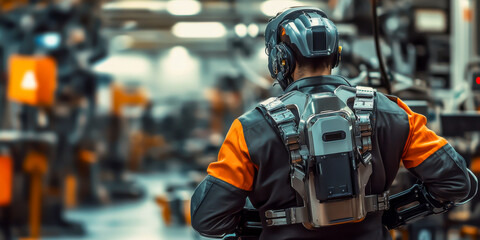 A man in a black and orange jacket is wearing a helmet and a backpack. He is standing in a factory