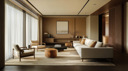 Modern living room interior design featuring neutral tones and natural light in a high-rise apartment during the day