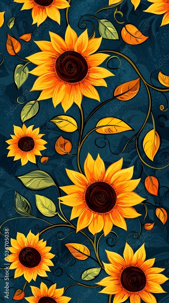 Sticker Vibrant Sunflower Pattern on Teal Background with Swirling Stems and Leaves