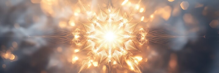 Delicate symmetrical shapes reminiscent of snowflakes glow softly, creating a serene and enchanting atmosphere in winter's embrace. Generative AI