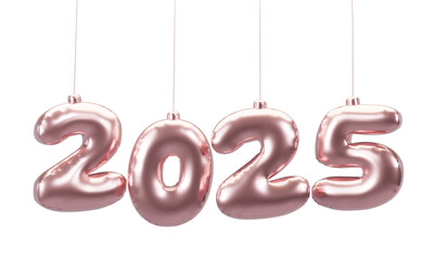 Happy New Year 2025 metallic rose gold foil balloons. 3D render Rose gold Helium balloons 2025.
